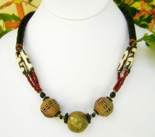 African Earrings on African Swahili Necklace   Brass  Bone  And Spirit Bead Tribal Jewelry