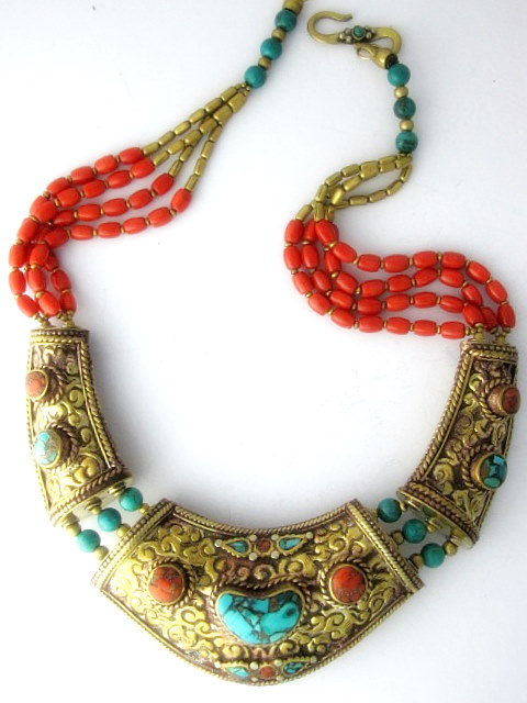Tribal Earrings on Tibetan Ethnic Tribal Jewelry   Turquoise  Coral  And Brass Necklace