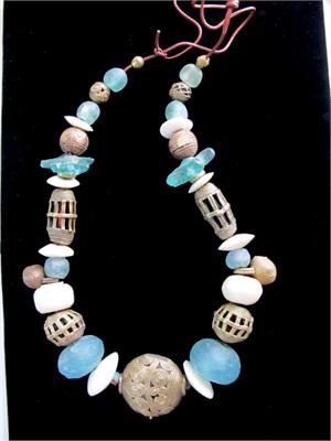Old African Trade Beads Jewelry Necklace Blue Brass and Bone