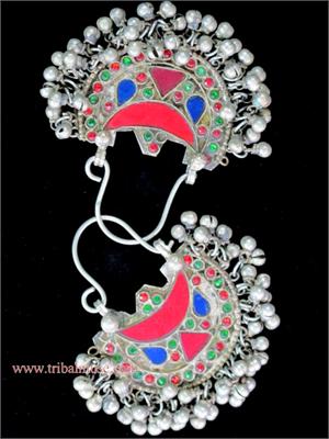 Colorful large Kuchi Tribal Jewelry Earrings Bright Crescent Moons