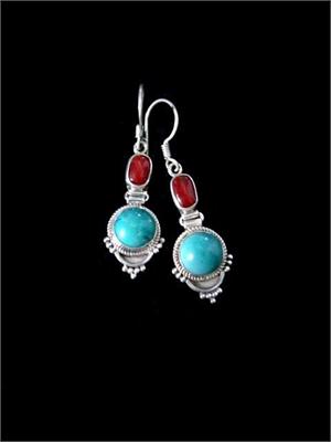 Turquoise and Red Coral Dangle Earrings Handcrafted in Nepal