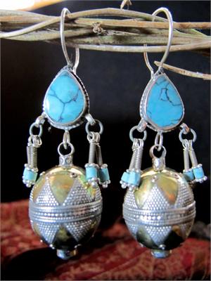 Turkmen Kazakh Tribal Jewellery Earrings All Turquoise Style A