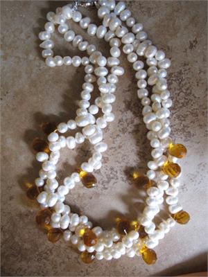 Twisted Strands of Creamy FW Pearls with Honey Briolettes