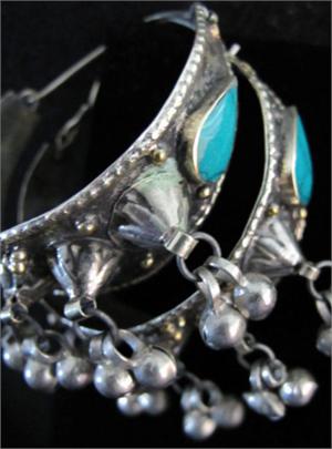 Giant Kuchi Tribal Jewelry Jangle Earrings Turquoise Stones