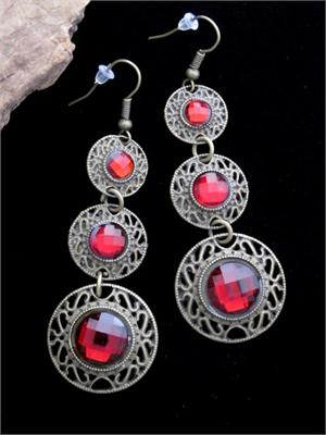 Triple-Dangle Ethnic Earrings with Red Beads