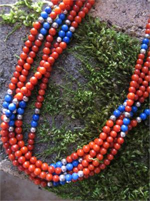 Gorgeous 5 strands of Coral, Lapis, and Silver Santo Domingo Necklace