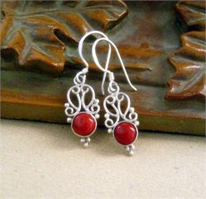 Red Coral and Sterling Silver Dangle Earrings Handcrafted in Nepal