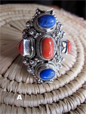 Tibetan Tribal Jewelry Yak Saddle Ring A Red Coral and Lapis