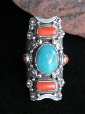 Tibetan Sterling Silver Daddle Ring Turquoise and Red Coral