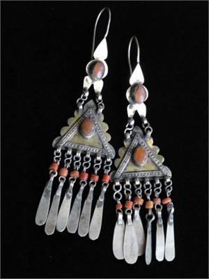 Gogeous old Silver Turkmen Earrings with Carnelian Eye Beads