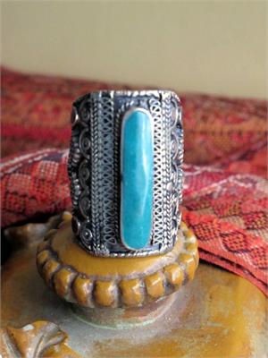 Turquoise Ornate Kazakh Tribal Ring Large Tribal Jewelry