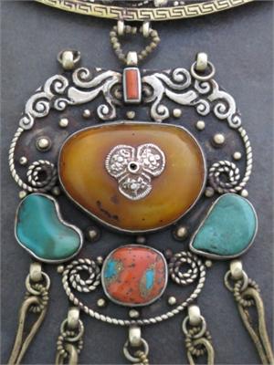 Close up large Amber Turquoise Coral Silver and Brass Pendant