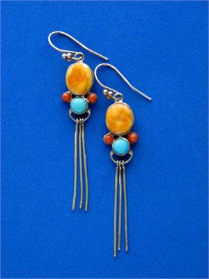 Long Chain Spiny Oyster Dangle Earrings Turquoise and Coral too